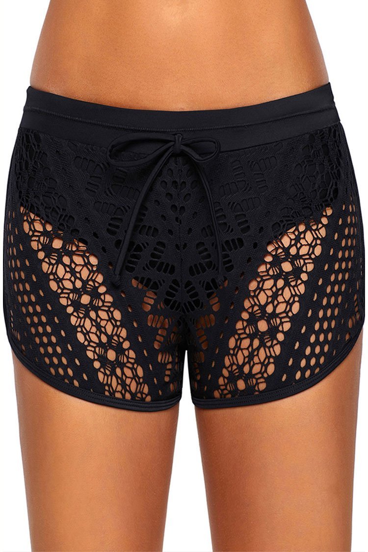 Tied Front Hollow Out Lace Overlay Boyshort Bikini Bottom