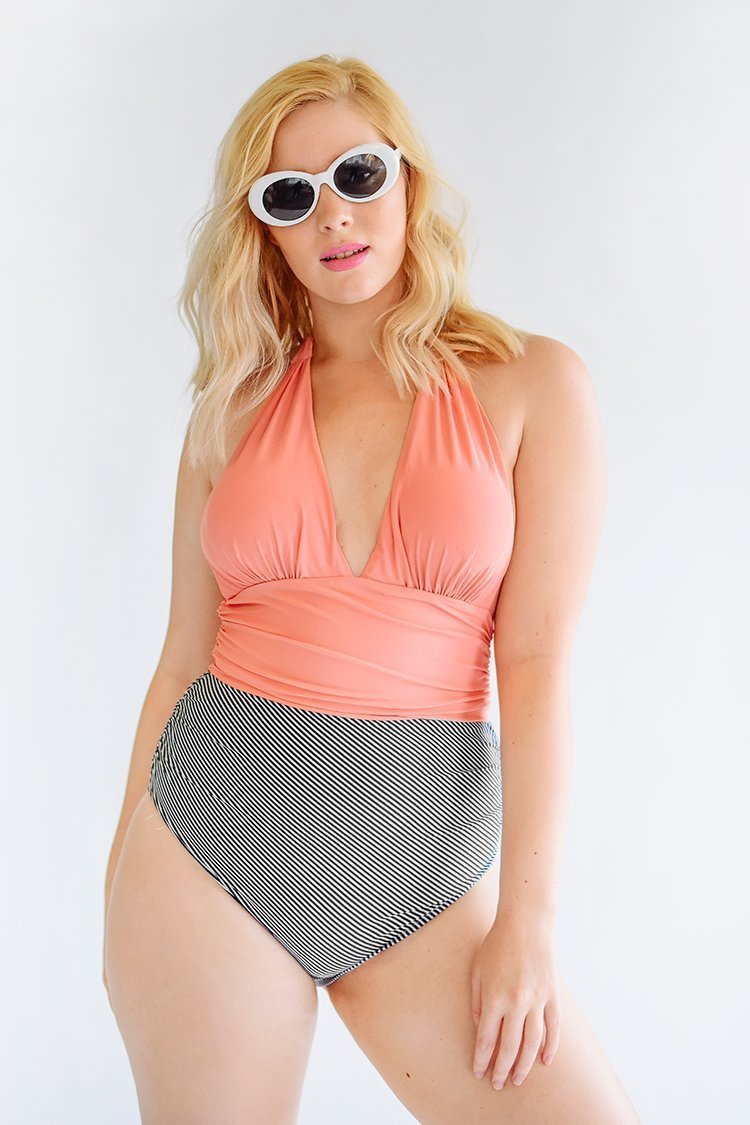 Low Back Stripe Ruched Deep V Halter One Piece Swimsuit