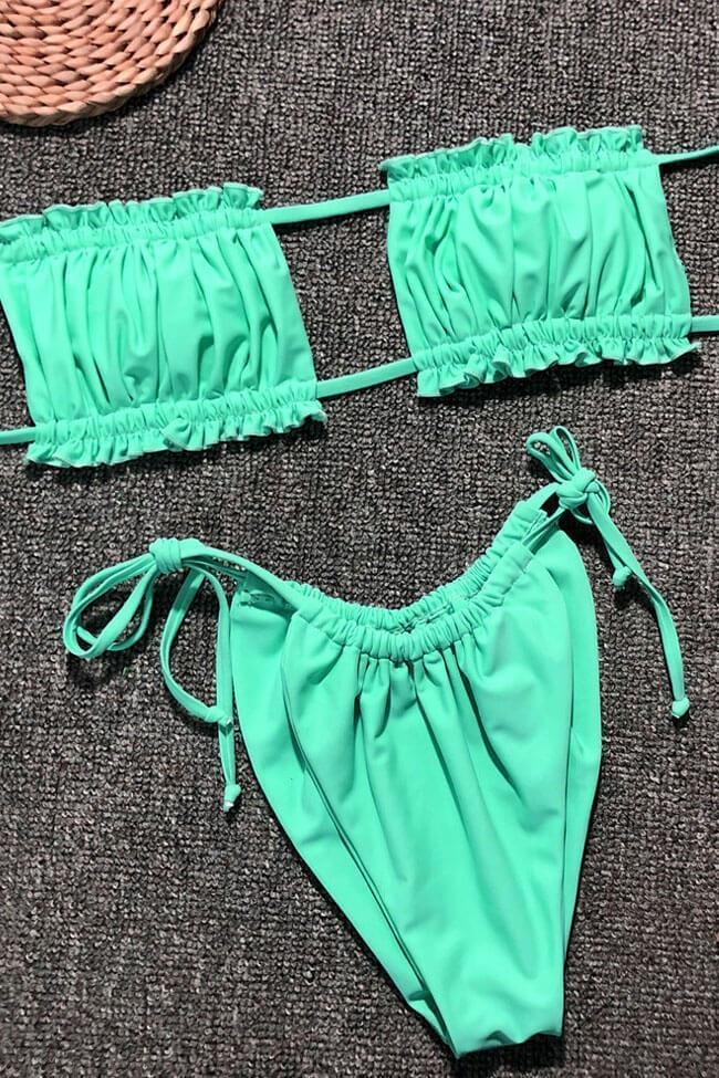 Solid Tie Side Shirred Slide Bandeau Bikini - Two Piece Swimsuit