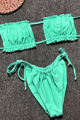 Solid Tie Side Shirred Slide Bandeau Bikini - Two Piece Swimsuit