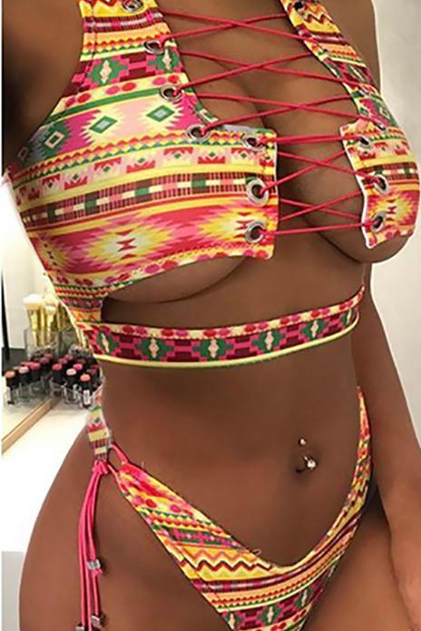 Pink Yellow Strappy Tribal Print Side Tie High Cut Cheeky Two Piece Swimsuit