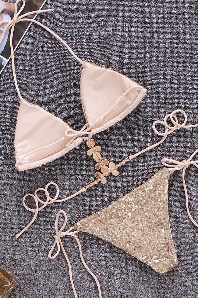 Luxe Rhinestone Sequin Strappy Triangle Bikini - Two Piece Set