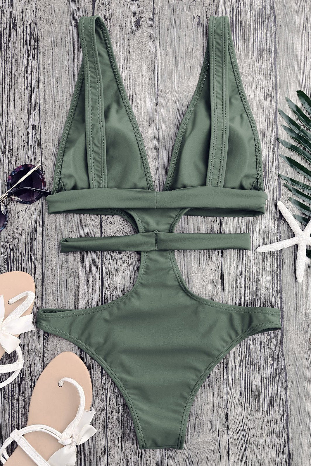 Army Green Cutout Plunging Neck Bandage Cheeky Monokini Swimwear