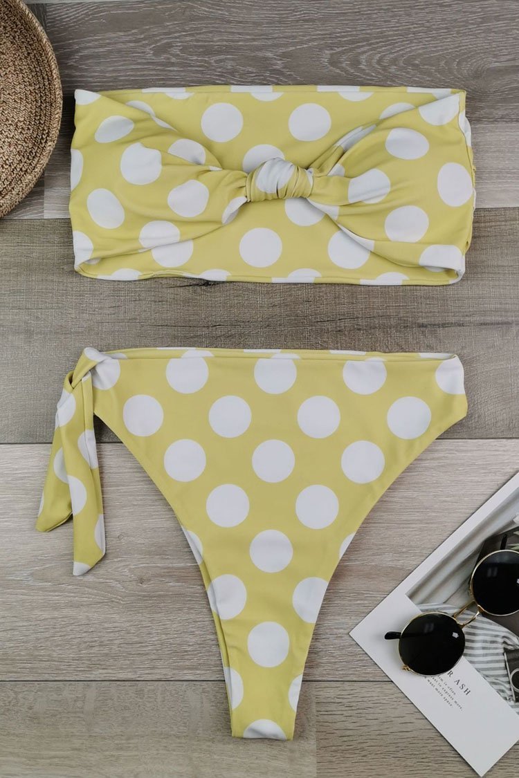 Polka Dot Bow High Waist High Leg Bandeau Bikini - Two Piece Set