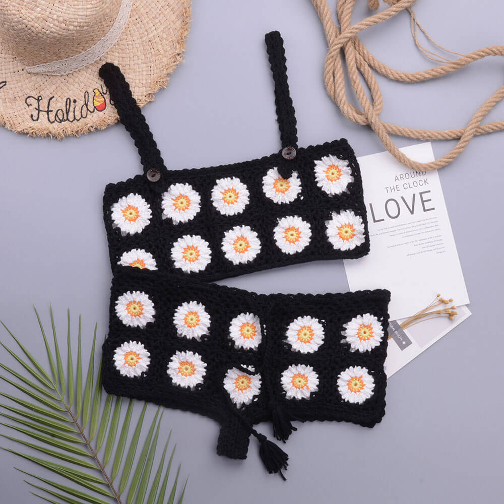 Daisy Floral Crochet Open Knit Bralette Brazilian Two Piece Bikini