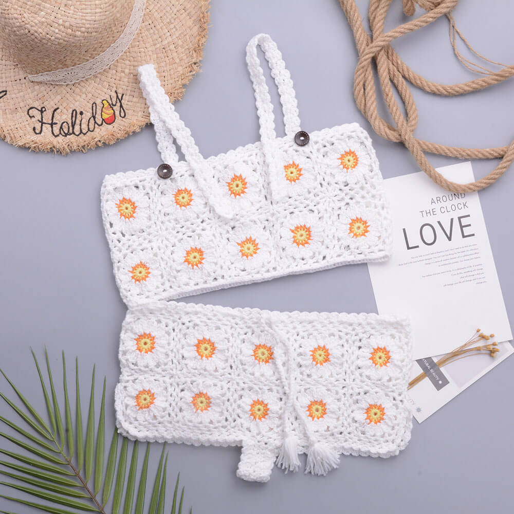 Daisy Floral Crochet Open Knit Bralette Brazilian Two Piece Bikini