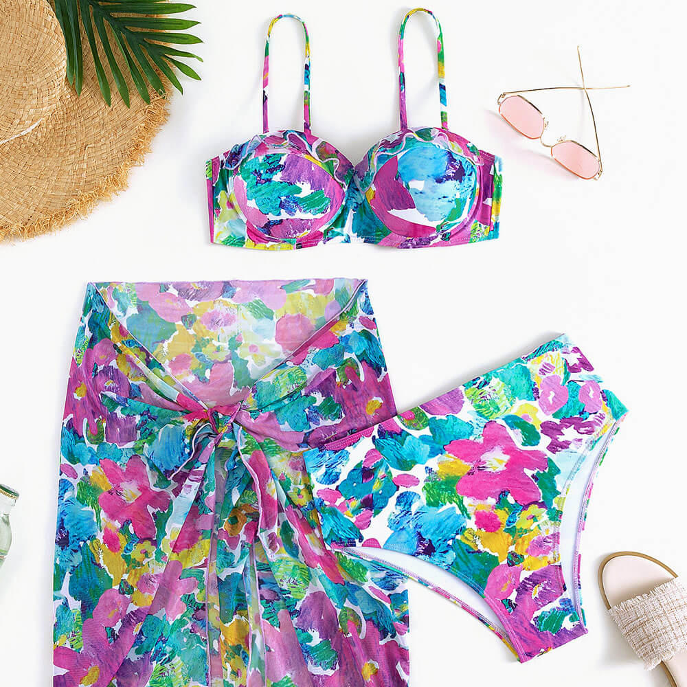 Daring Floral Print High Waist Ruffle Underwire Brazilian Three Piece Bikini