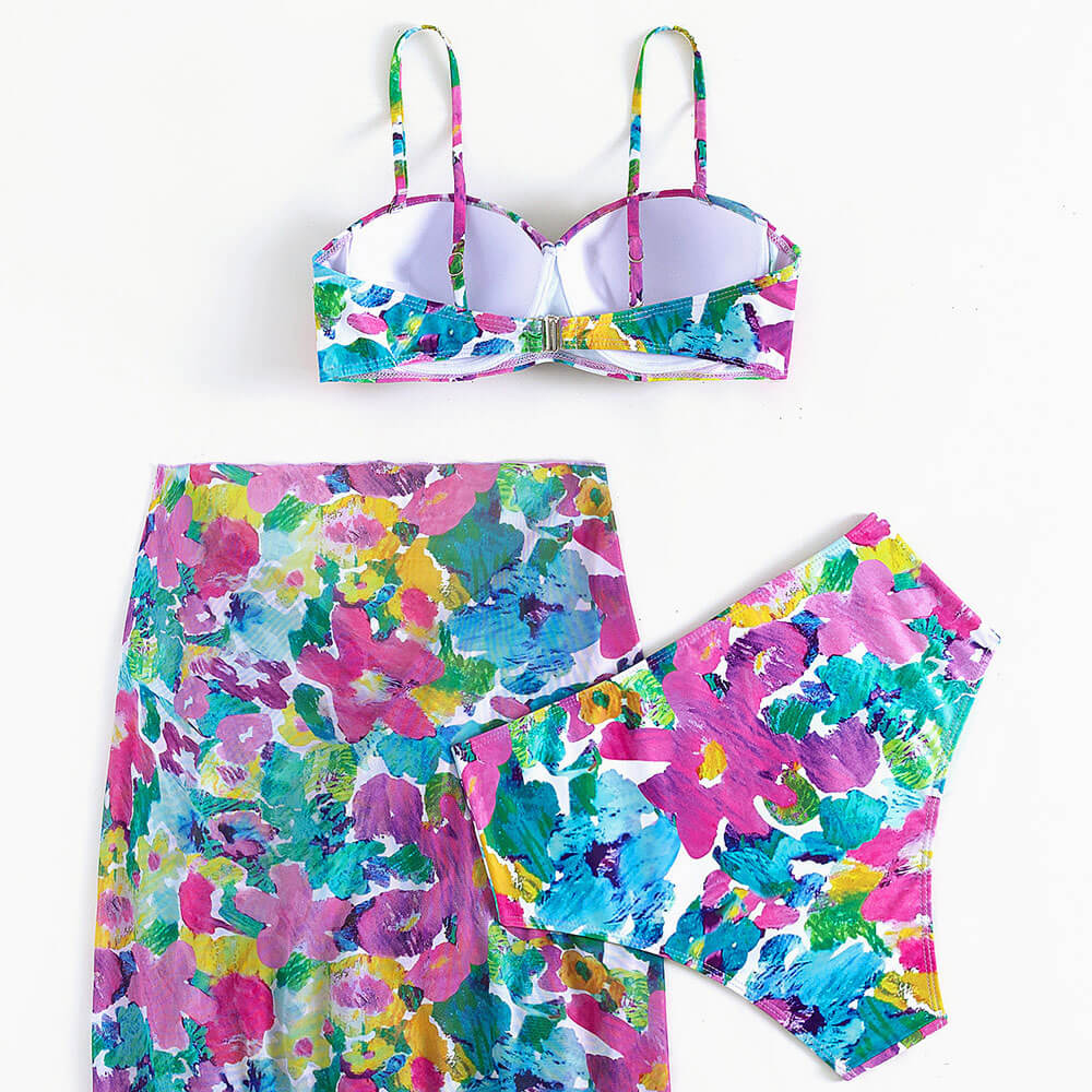 Daring Floral Print High Waist Ruffle Underwire Brazilian Three Piece Bikini