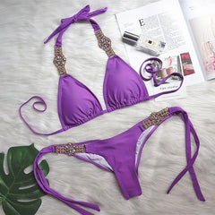 Dazzling Crystal Scrunch Back Slide Triangle Brazilian Two Piece Bikini