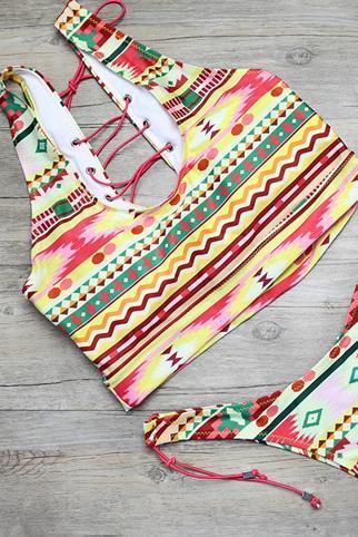 Pink Yellow Strappy Tribal Print Side Tie High Cut Cheeky Two Piece Swimsuit