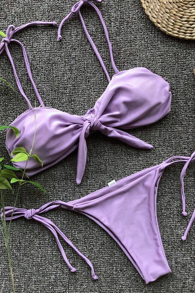 Knotted Front Tied Side String Thong Bikini - Two Piece Set
