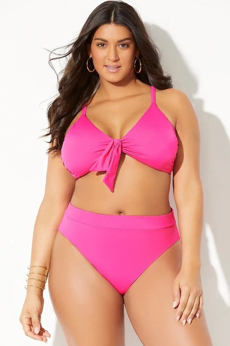 Plus Size Knotted Front Bralette Bikini - Two Piece Set