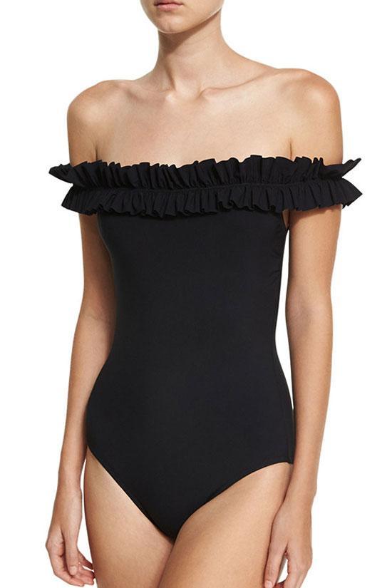 Black Ruffle Edge Off Shoulder One Piece Swimsuit
