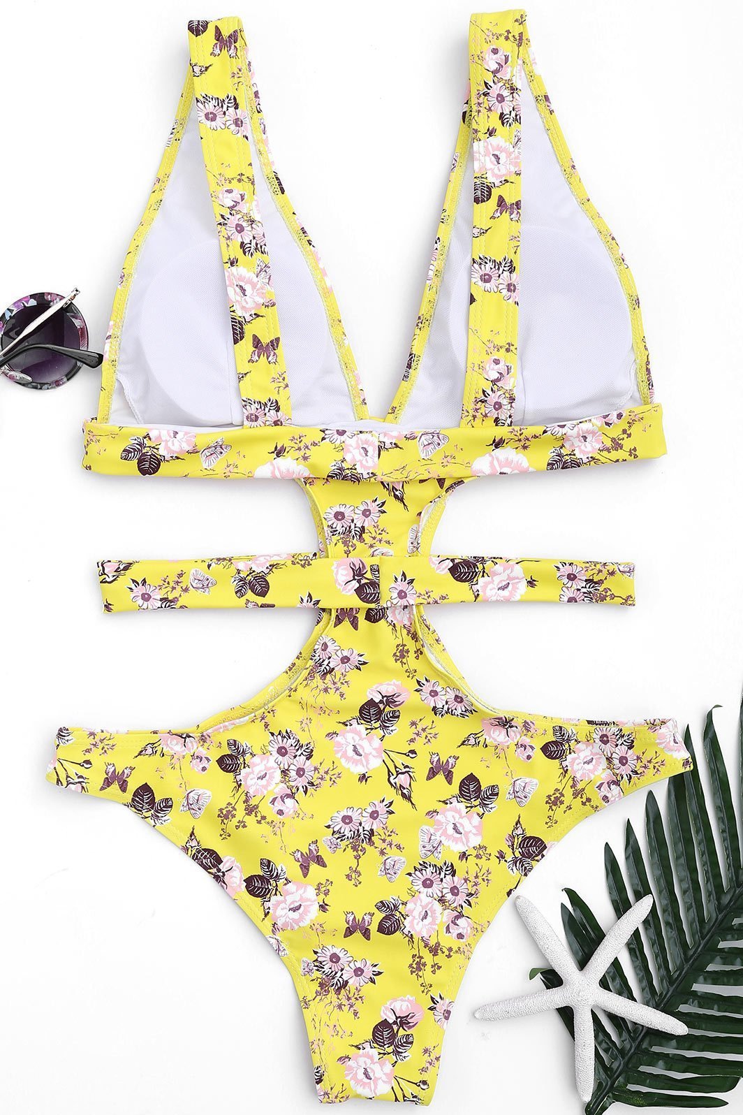 Yellow Cutout Plunging Floral Print Bandage Cheeky Monokini Swimwear