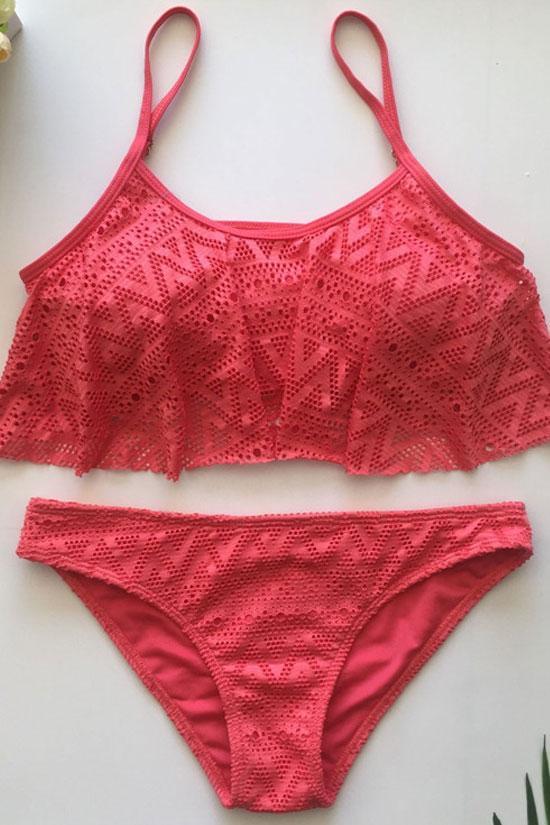 Solid Ruffle Lace Bikini - Two Piece Set
