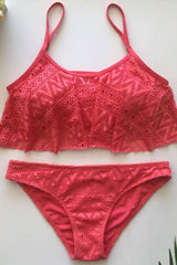Red Lace Overlay Ruffle Cami Bikini
