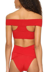 Red High Waist Wrap Bandage Off Shoulder Bikini