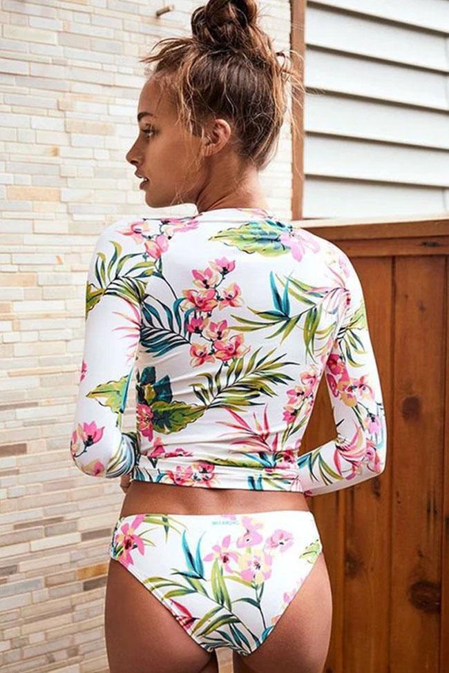 Bloom Floral Long Sleeve Rash Guard Tankini Swimsuit - Two Piece Set