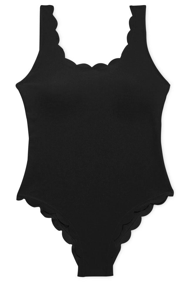 Black Scalloped Low Back Scoop Neck Cute One Piece Swimsuit