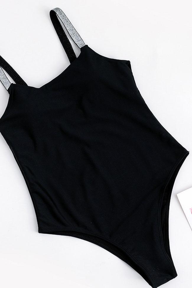 Metallic Shoulder Straps High Leg One Piece Swimsuit