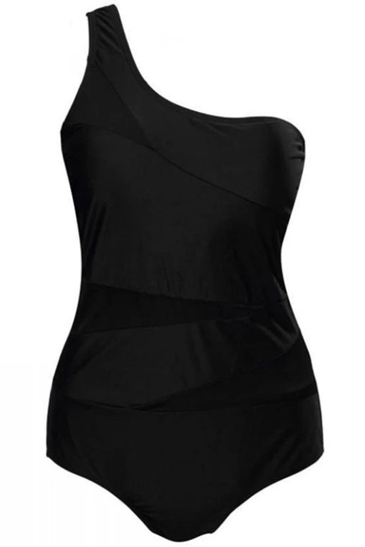 Plus Size Mesh Insert One Shoulder One Piece Swimsuit