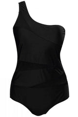Plus Size Mesh Insert One Shoulder One Piece Swimsuit