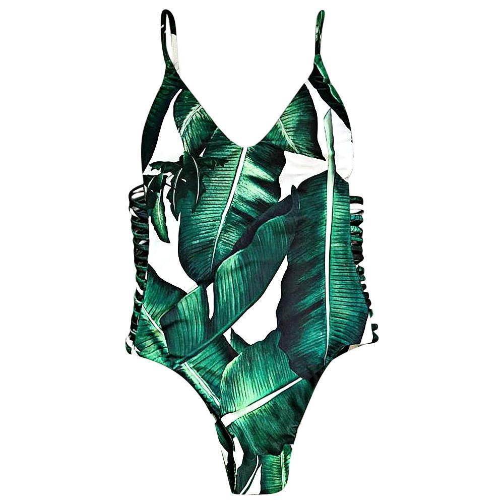 Leaf Print Hollow Out Bandage Bathing Suit