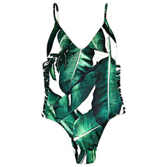 Leaf Print Hollow Out Bandage Bathing Suit