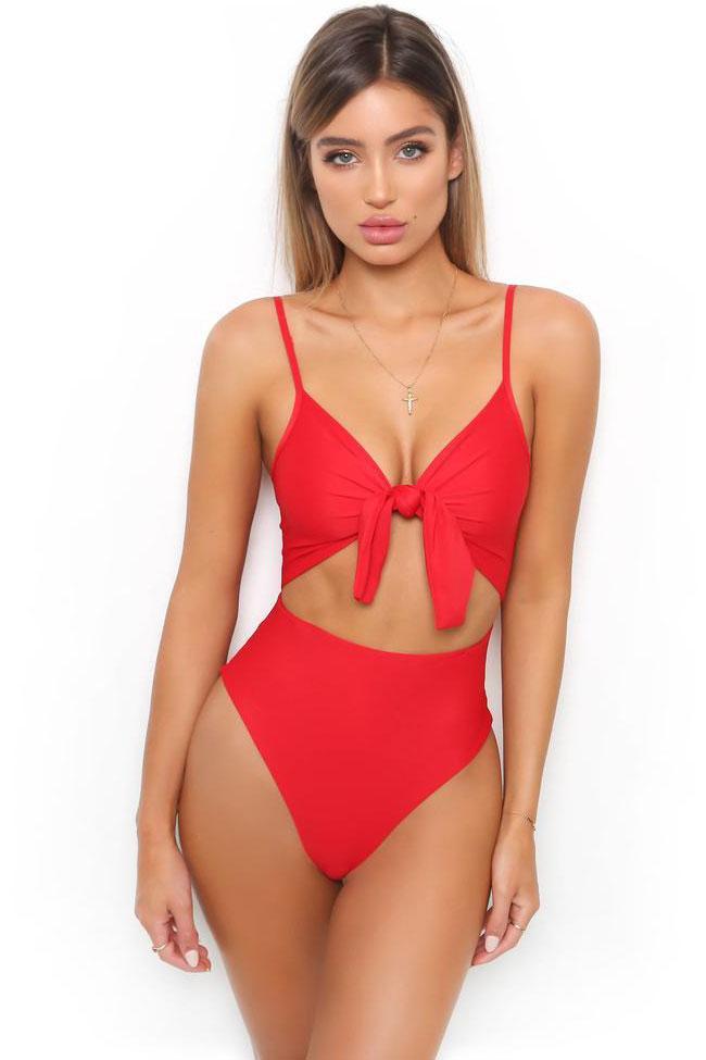 High Leg Cut Out Knotted One Piece Swimsuit