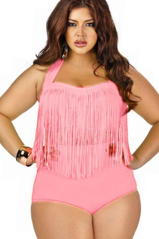 Plus Size Timeless Fringed Halter Bandeau Bikini - Two Piece Swimsuit