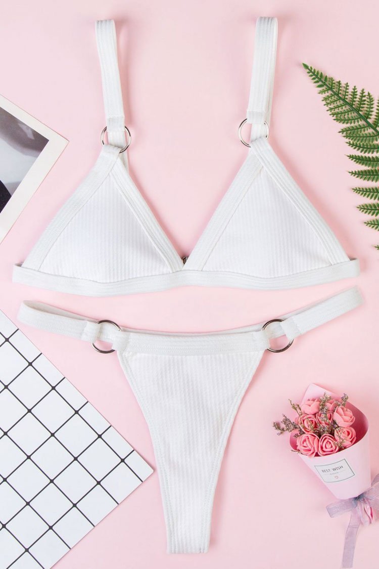 White Ribbed Metal Ring Triangle Bikini