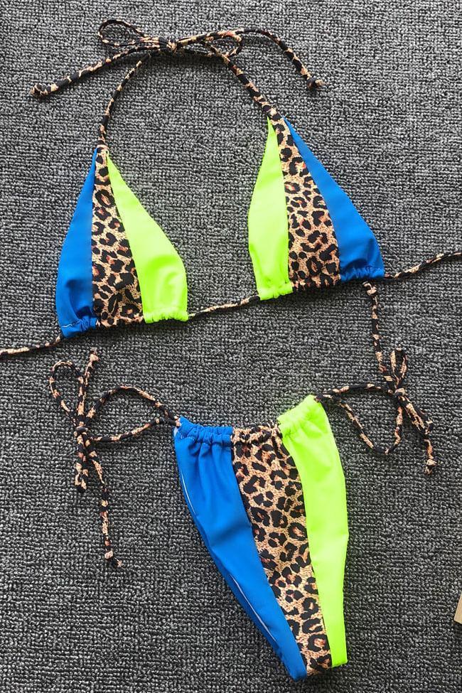Leopard Tie Side String Micro Slide Triangle Bikini - Two Piece Swimsuit
