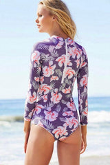 Purple Holiday Floral Printed Rash Guard One Piece Swimsuit