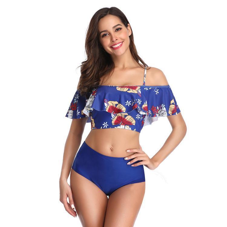 Cute Off Shoulder Ruffled High Waisted Crop Top Bikini