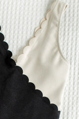 Scalloped Contrast Ribbed V Neck One Piece Swimsuit