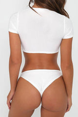 Solid Short Sleeve Knotted Bikini -  Two Piece Set