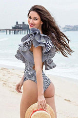 Cutout Back High Cut Striped Ruffle One Shoulder One Piece Swimsuit