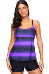 Gradient Striped Strappy Back Boyshort Tankini - Two Piece Swimsuit