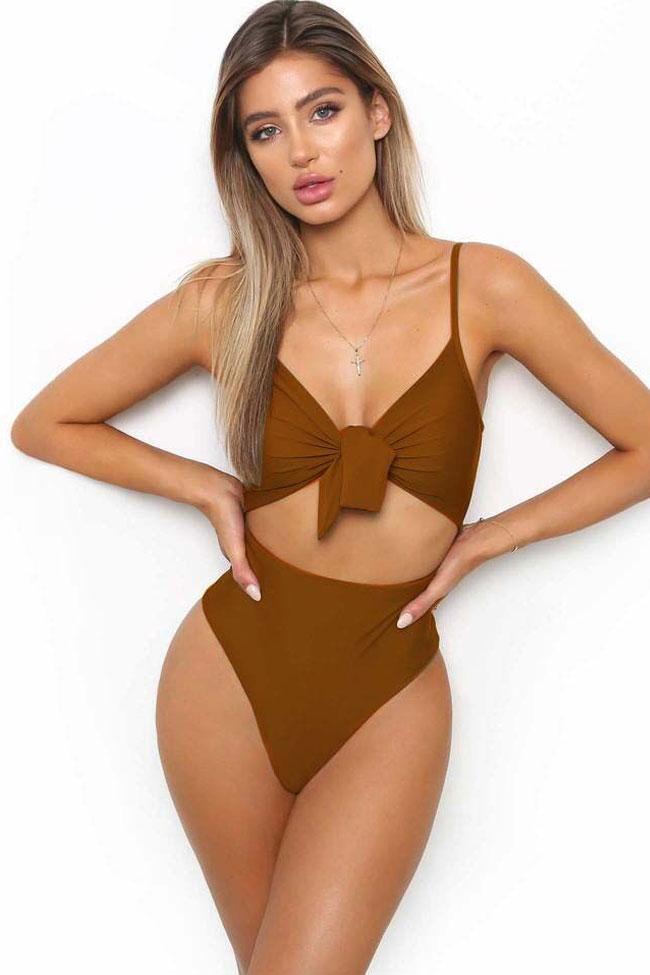 High Leg Cut Out Knotted One Piece Swimsuit