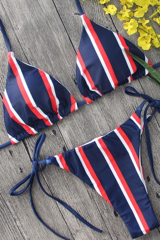 Dark Blue Striped Nautical Triangle Bikini - Two Piece Set