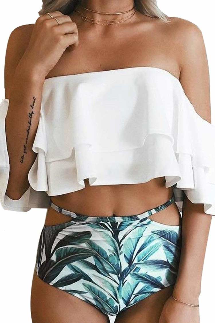 Layered Ruffle Off Shoulder High Waist Bikini - Two Piece Set