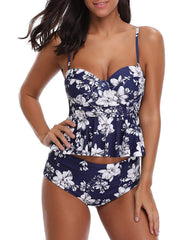 Royal Blue Floral Print Halter Peplum Tankini Set