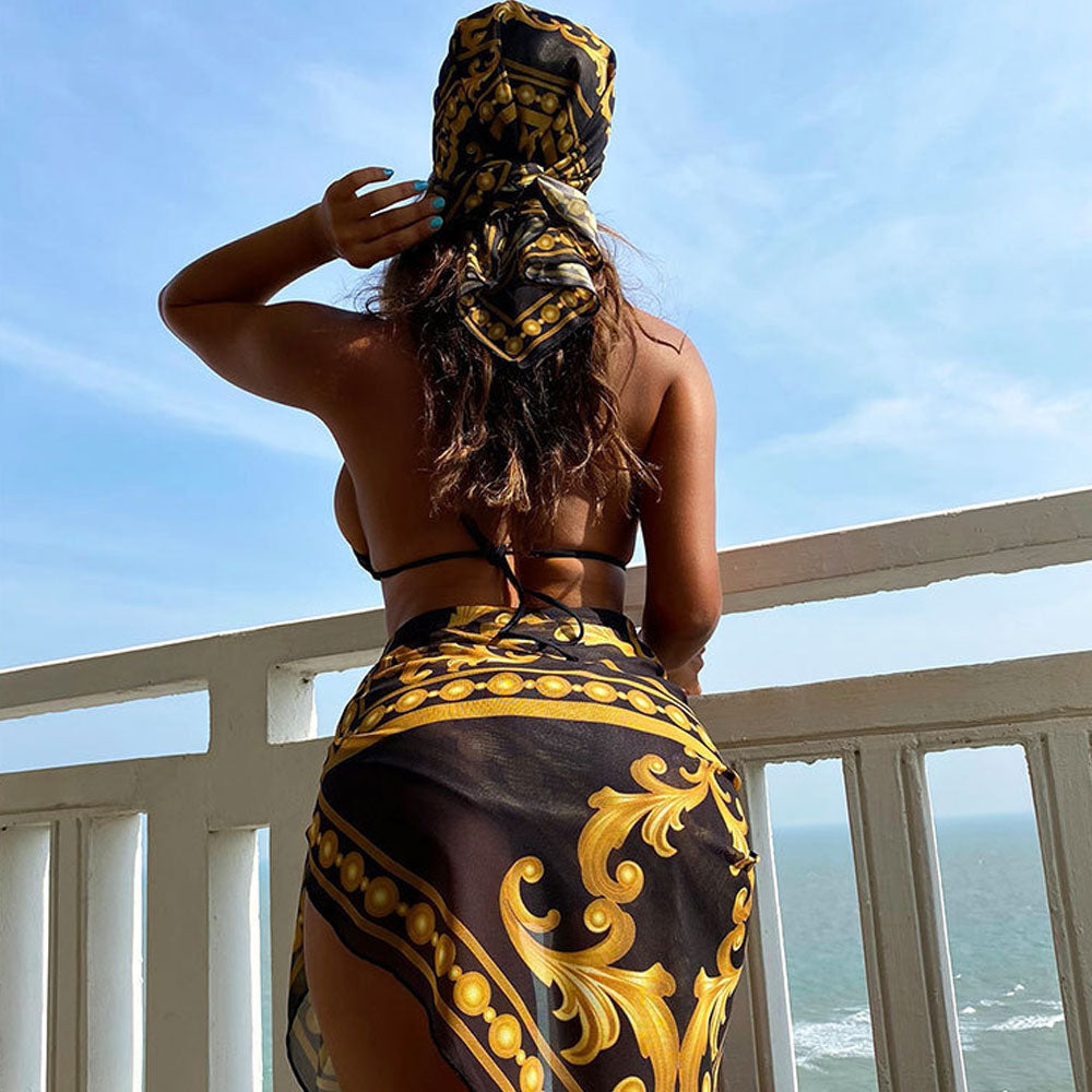 Ethnic Floral Cover Up High Leg Triangle Brazilian Three Piece Bikini