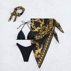 Ethnic Floral Cover Up High Leg Triangle Brazilian Three Piece Bikini