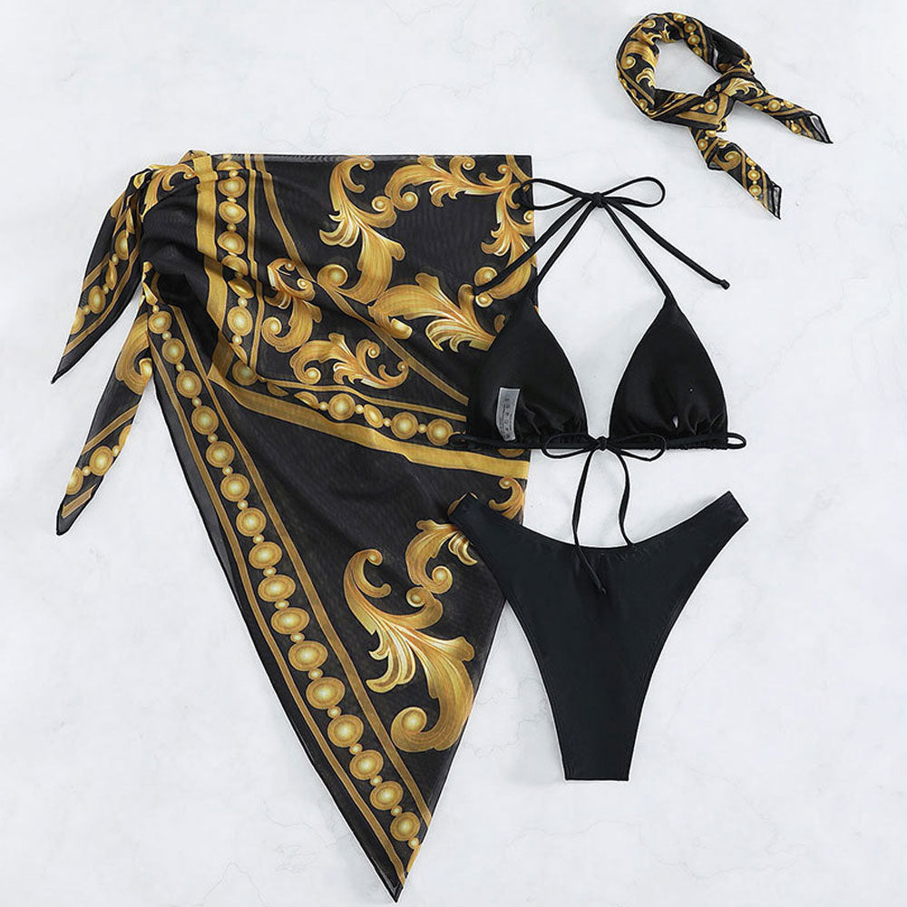 Ethnic Floral Cover Up High Leg Triangle Brazilian Three Piece Bikini