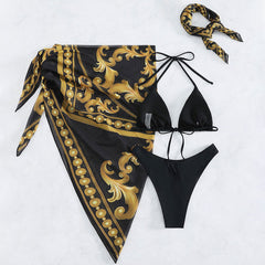 Ethnic Floral Cover Up High Leg Triangle Brazilian Three Piece Bikini
