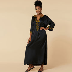 Ethnic Floral Embroidered 3/4 Sleeve Oversized Caftan Beach Cover Up
