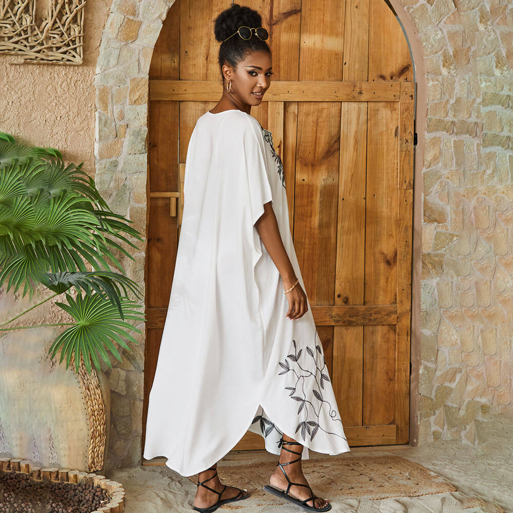 Ethnic Floral Embroidered Short Sleeve Brazilian Caftan Cover Up Midi Dress