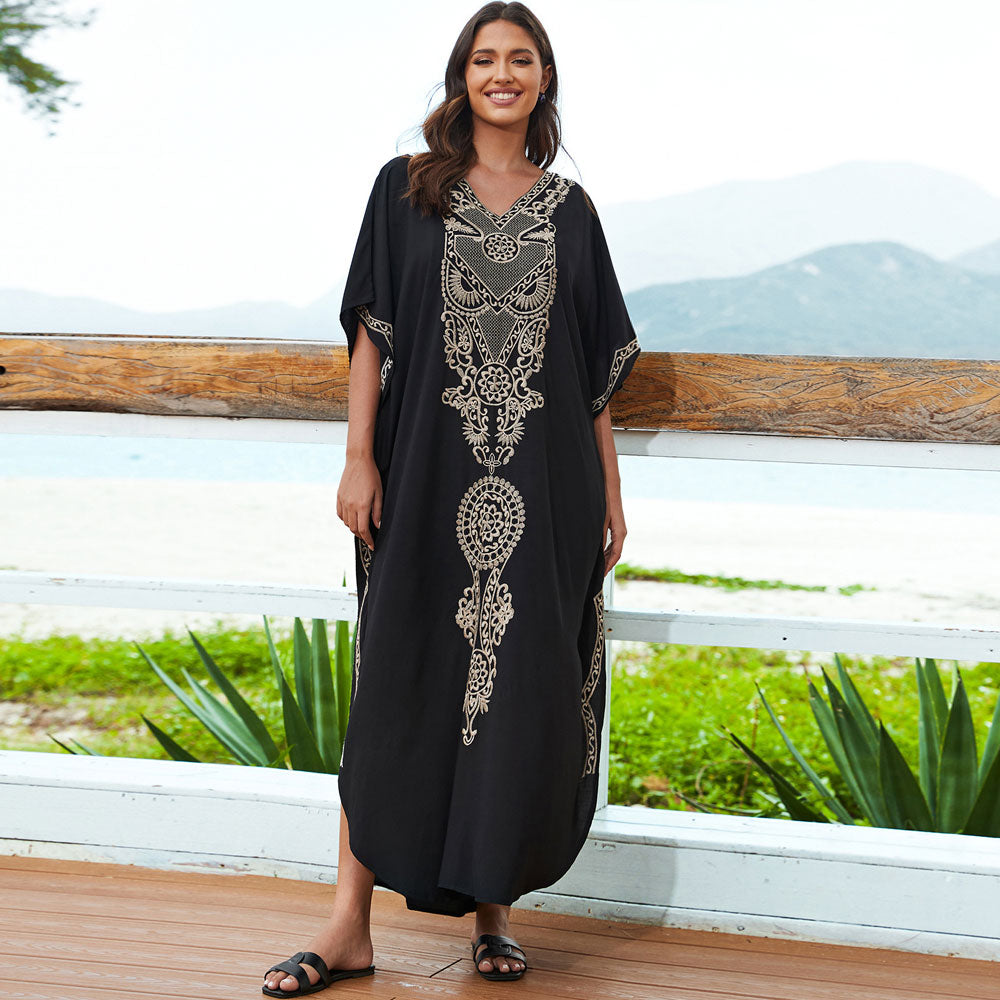 Exotic Contrast Eagle Printed Lace Up V Neck Side Split Caftan Beach Cover Up