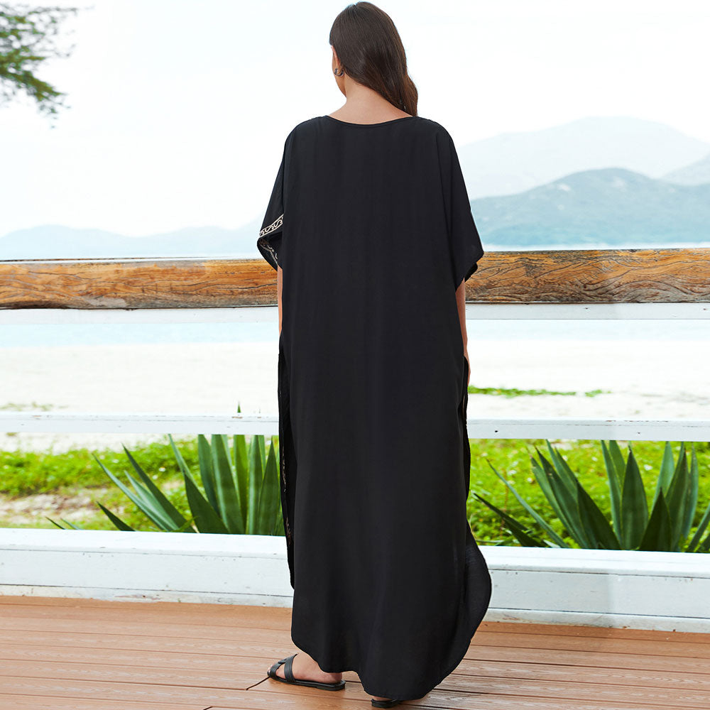 Exotic Contrast Eagle Printed Lace Up V Neck Side Split Caftan Beach Cover Up
